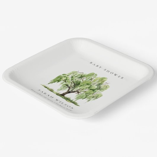 Rustisch groen Waterverf Willow Tree Baby shower Papieren Bordje (Gebogen)