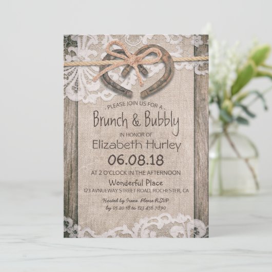 Rustisch Hoefijzer Burlap Lace Vrijgezellenfeest Kaart (Staand voorkant)