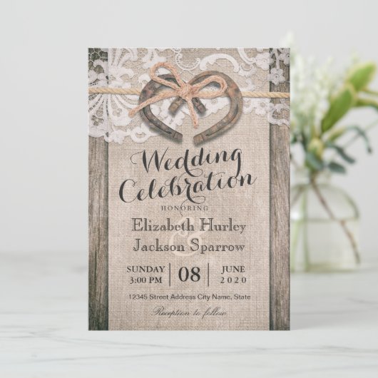Rustisch Hoefijzer Burlap Wedding Kaart (Staand voorkant)