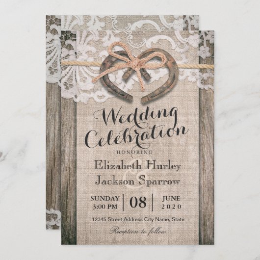 Rustisch Hoefijzer Burlap Wedding Kaart (Voorkant / Achterkant)