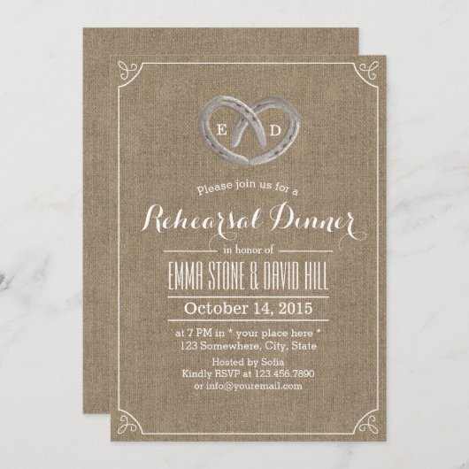 Rustisch Hoefijzer Heart Burlap Rehearsal Dinner Kaart (Voorkant / Achterkant)