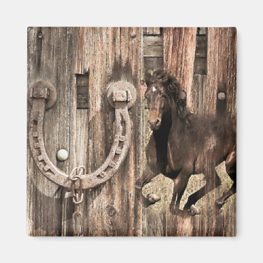 Rustisch Hoefijzer op Barn Wood Magneet (Voorkant)