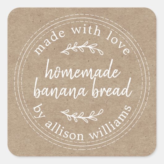 Rustisch Homemade Banana Bread Kraft Paper Vierkante Sticker (Voorkant)