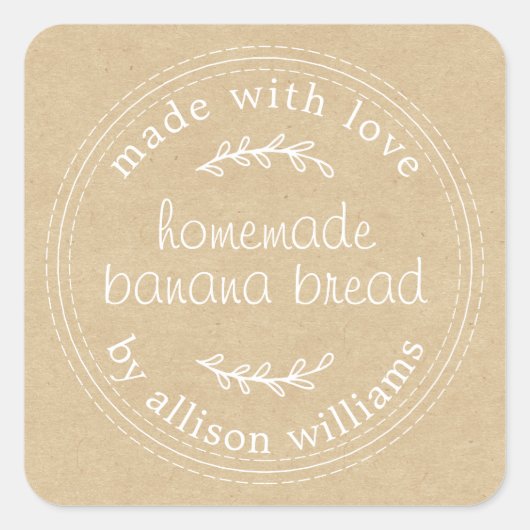 Rustisch Homemade Banana Bread Kraft Paper Vierkante Sticker (Voorkant)
