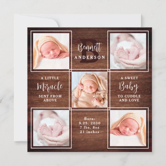 Rustisch hout 5 Photo Collage New Baby Stats Showe Bedankkaart (Voorkant)