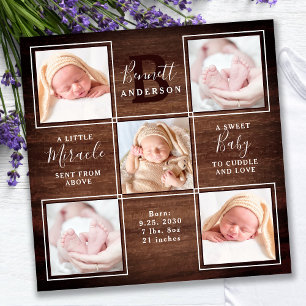Rustisch hout 5 Photo Collage New Baby Stats Showe Bedankkaart