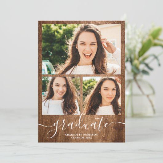 Rustisch hout afstuderen script 4 foto's afstudere kaart (Staand voorkant)