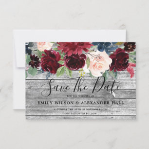 Rustisch hout Alle zeehonden Burgundy Floral Weddi Save The Date