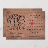 Rustisch hout Bespaar de Datum Rood hart kalender Kaart (Voorkant / Achterkant)