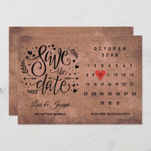 Rustisch hout Bespaar de Datum Rood hart kalender Kaart (Voorkant / Achterkant)