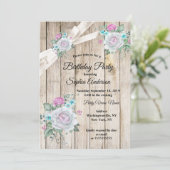 Rustisch hout Blauwgroen Blauw Floral roze Birthda Kaart (Staand voorkant)