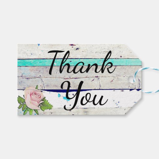 Rustisch hout Blauwgroen, wit en roze roze dank je Cadeaulabel (Voorkant (Horizontaal))