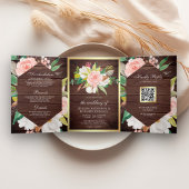 Rustisch hout Blush Pink Floral Gold QR Code Wedde Drieluik Uitnodiging