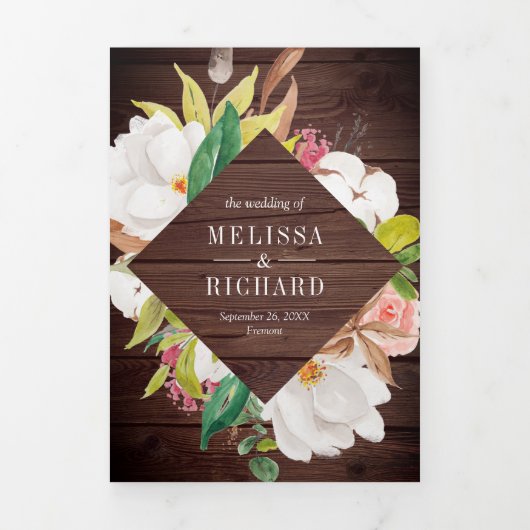 Rustisch hout Blush Pink Floral Gold QR Code Wedde Drieluik Uitnodiging (Cover)