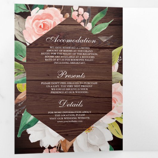 Rustisch hout Blush Pink Floral Gold QR Code Wedde Drieluik Uitnodiging (Binnenzijde eerst)
