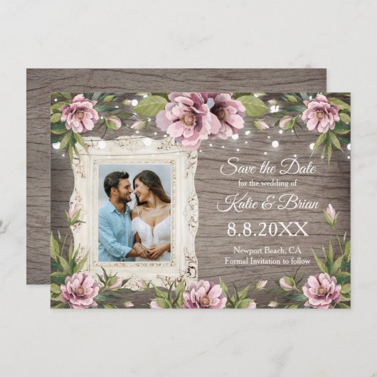 Rustisch hout Blush roze foto Opslaan Datum Kaart (Voorkant / Achterkant)