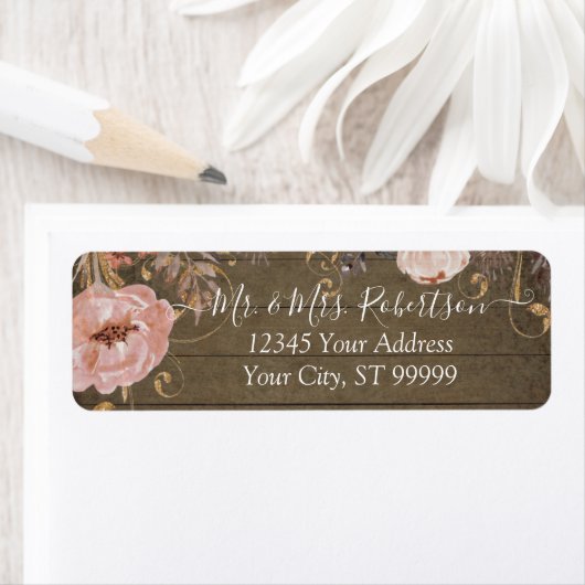 Rustisch hout Blush Roze Waterverf Roos Gold Flora Etiket (Insitu)