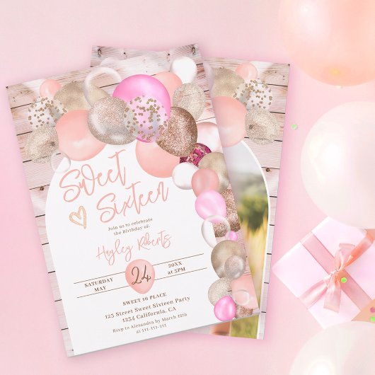 Rustisch hout Boho glitter ballonnen roze Sweet 16 Kaart
