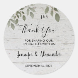 Rustisch hout botanisch monogram Dank je bruiloft Ronde Sticker