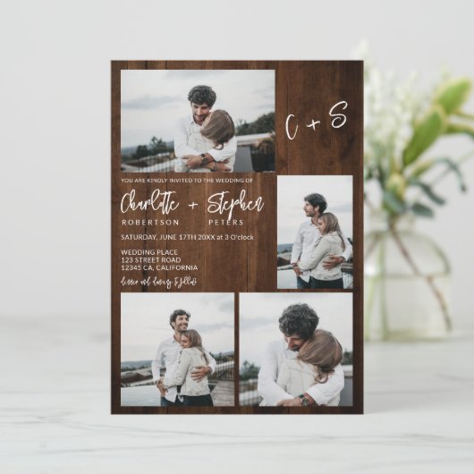 Rustisch hout casual initialen 5 foto's bruiloft kaart (Staand voorkant)