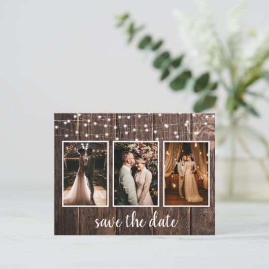 Rustisch hout Drie Fotolichten sparen de Datum Briefkaart (Staand voorkant)