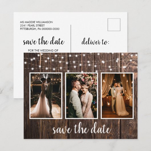 Rustisch hout Drie Fotolichten sparen de Datum Briefkaart (Voorkant / Achterkant)