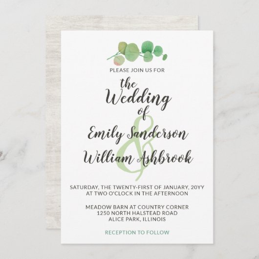 Rustisch hout en Eucalyptus Leaf Botanical Wedding Kaart (Voorkant / Achterkant)