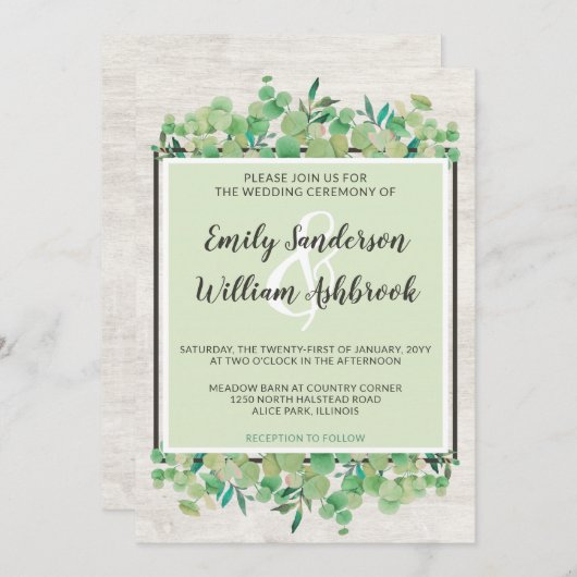 Rustisch hout en Eucalyptus Leaf Botanical Wedding Kaart (Voorkant / Achterkant)
