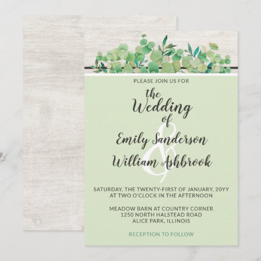 Rustisch hout en Eucalyptus Leaf Botanical Wedding Kaart (Voorkant / Achterkant)