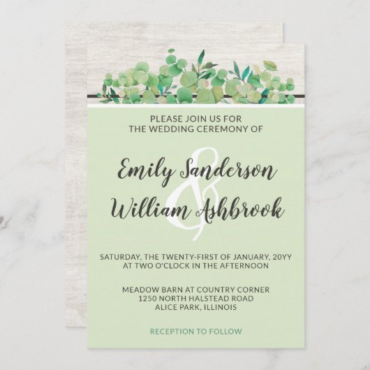 Rustisch hout en Eucalyptus Leaf Botanical Wedding Kaart (Voorkant / Achterkant)