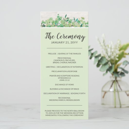 Rustisch hout en Eucalyptus Leaf Botanical Wedding Programmakaart (Staand voorkant)