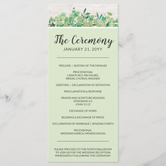 Rustisch hout en Eucalyptus Leaf Botanical Wedding Programmakaart (Voorkant)