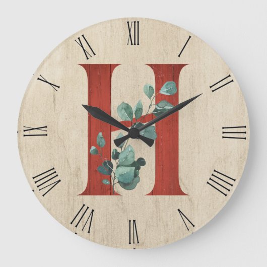 Rustisch hout en eucalyptus Letter H Grote klok (Voorkant)