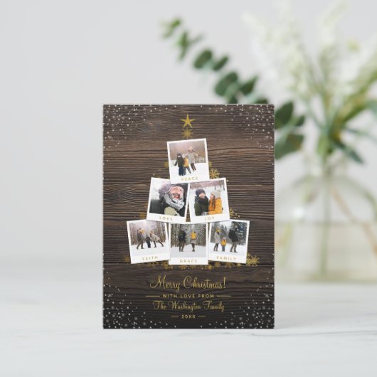 Rustisch hout en goud | kerstboomfotocollage briefkaart (Staand voorkant)