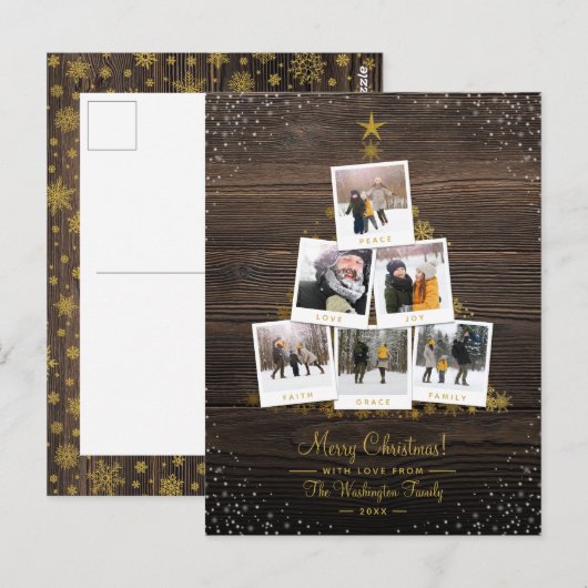Rustisch hout en goud | kerstboomfotocollage briefkaart (Voorkant / Achterkant)