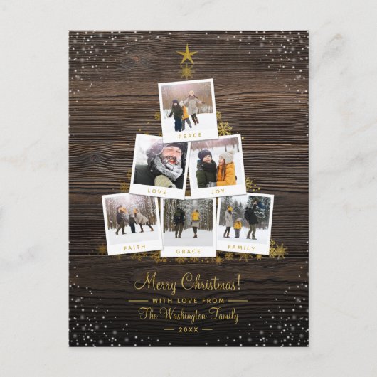 Rustisch hout en goud | kerstboomfotocollage briefkaart (Voorkant)