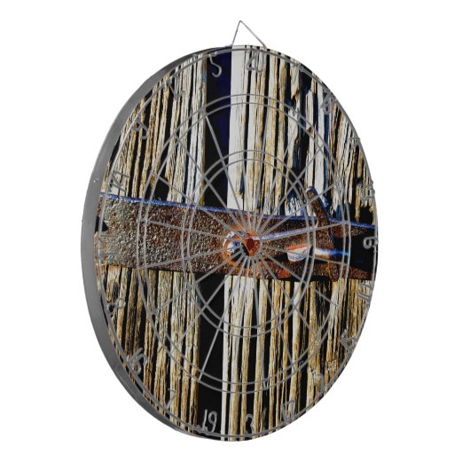 Rustisch hout en ijzermetaallatch dartbord (Voorkant Links)