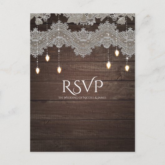 Rustisch hout en  kant & licht Elegant RSVP Uitnodiging Briefkaart (Voorkant)