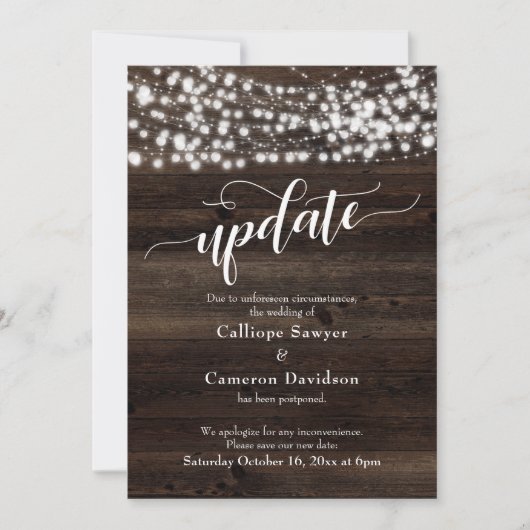 Rustisch hout en licht uitgestelde bruiloft-update kaart (Voorkant)
