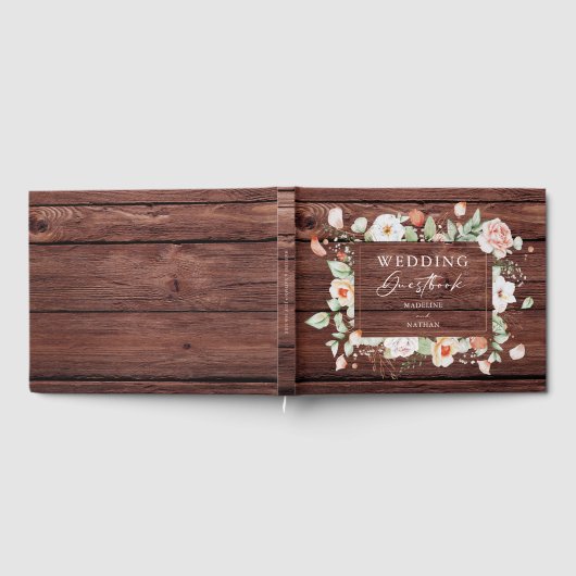 Rustisch Hout en peach Floral Wedding Guest Book Gastenboek (Volledig)