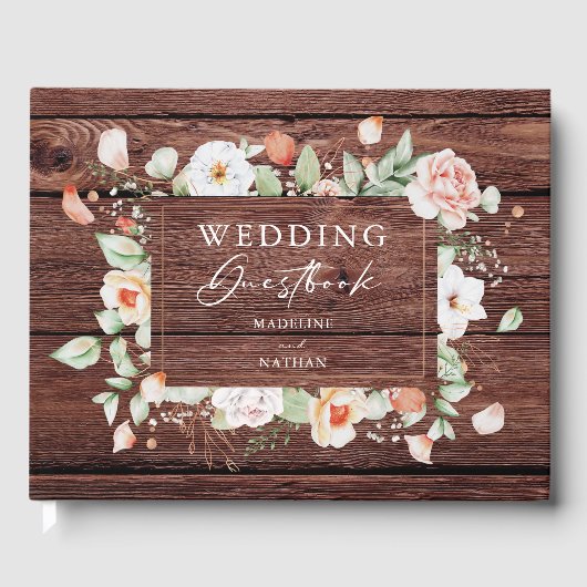 Rustisch Hout en peach Floral Wedding Guest Book Gastenboek (Voorkant)