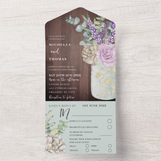 Rustisch hout en plantgoed Eucalyptus Wedding All In One Uitnodiging (Binnen)