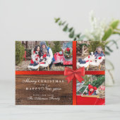 Rustisch hout en rood lint 3 Fotokerstcollage Feestdagenkaart (Staand voorkant)