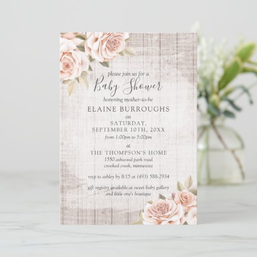 Rustisch hout en Shabby Chic Rozen Floral Baby sho Kaart (Staand voorkant)