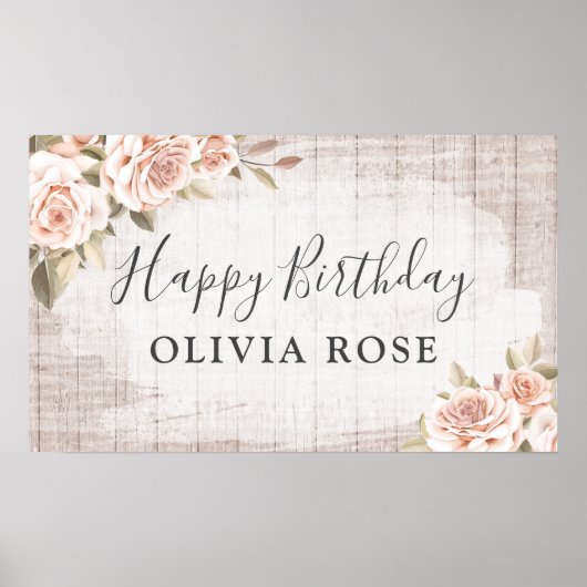 Rustisch hout en Shabby Chic Rozen Floral Birthday Poster (Voorkant)