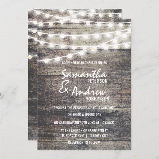 Rustisch hout en snaarlampen Wedding Kaart (Voorkant / Achterkant)