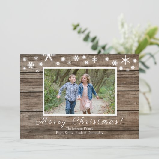 Rustisch hout en Snowflakes kerstkaart (Staand voorkant)