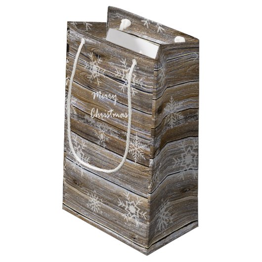 Rustisch hout en witte neusvlokken Zure kerst Klein Cadeauzakje (Achterkant Gekanteld)