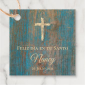 Rustisch hout Feliz dia en tu Santo Bedankjes Labels (Voorkant)