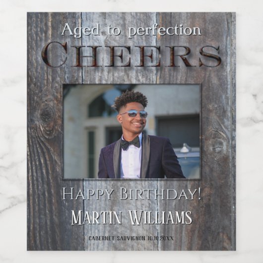 Rustisch hout Foto van Birthday Wine Label Wijn Etiket (Enkel label)